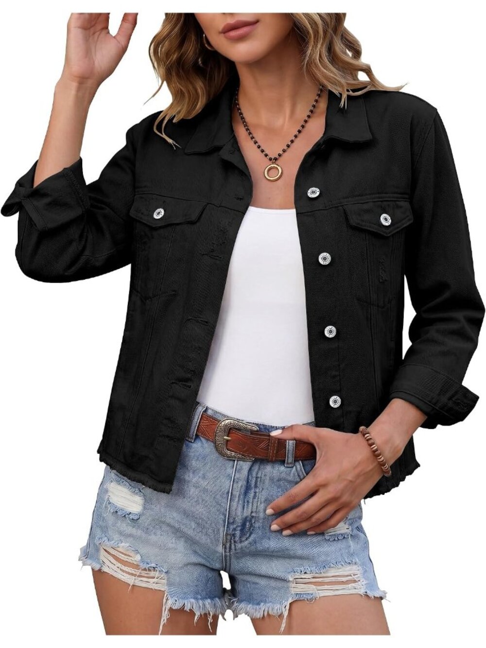Women’s Black Western Trucker Frayed Hem Vintage Distressed Jean Jacket